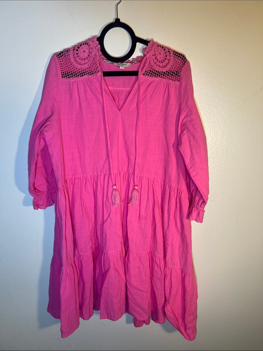 entro Hot Pink Crochet-Yoke 3/4 Sleeve Cotton Tiered Mini Dress Boho Summer